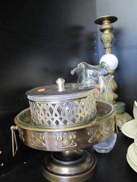 Appraisal: HALF A SHELF INCLUDING LAMP BASE SILVER PLATE LIDDED BOWLS