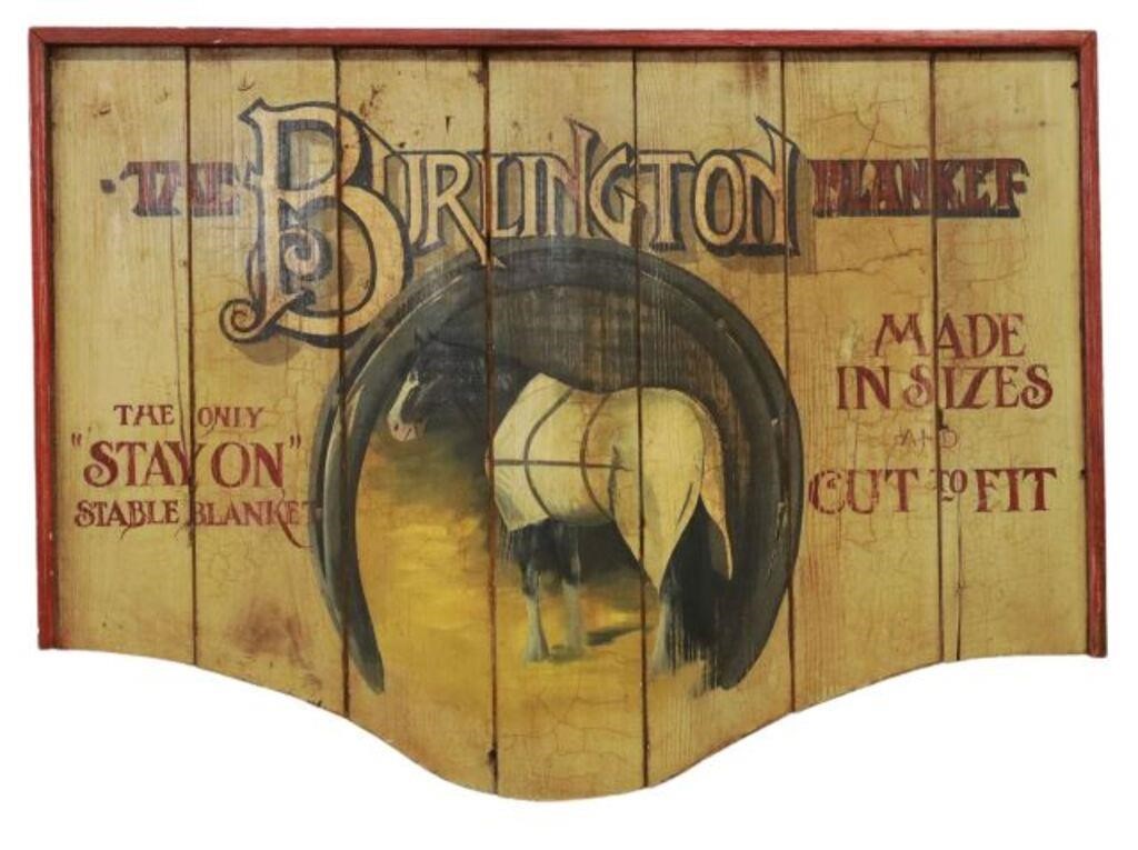 Appraisal: Decorative pine sign th c The Burlington Blanket the only