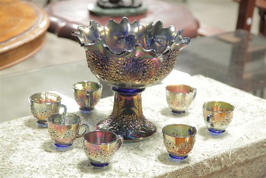 Appraisal: CARNIVAL GLASS PUNCH SET Fenton blue Orange Tree pattern Punch