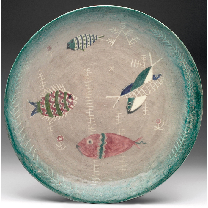 Appraisal: Exceptional Beatrice Wood charger colorfully painted stylized fish signed Beato