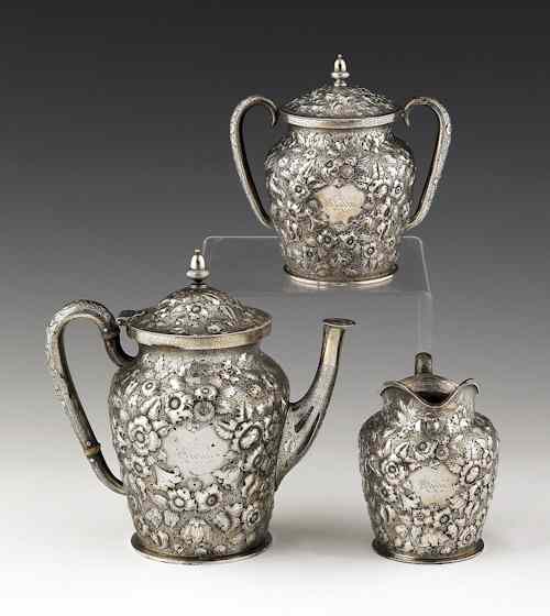 Appraisal: Philadelphia three-piece repouss silver tea service by Bailey Co th