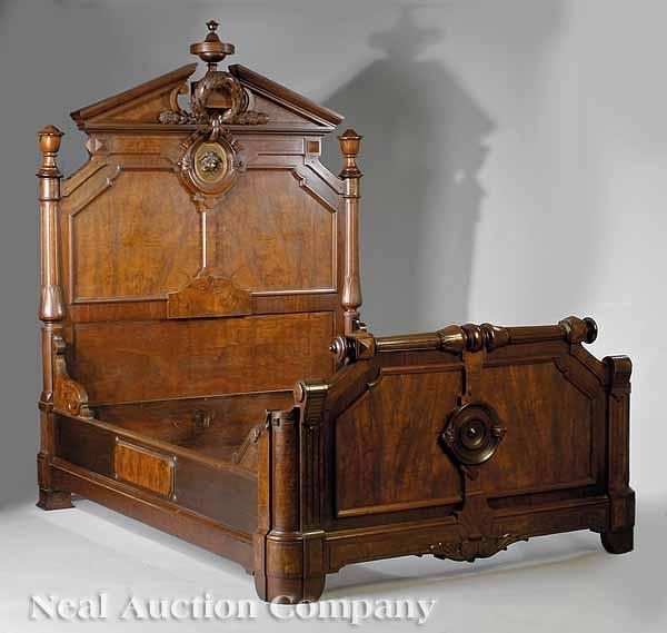 Appraisal: An American Renaissance Bronze-Mounted Carved Incised and Burled Walnut Bedstead