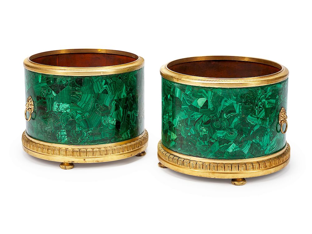 Appraisal: A Pair of Russian Gilt Bronze Mounted Malachite Veneered Planters