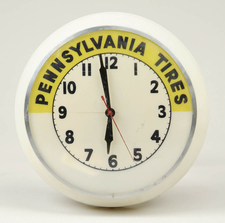 Appraisal: PENNSYLVANIA TIRES CLOCK Duallite wall clock with convex glass lens