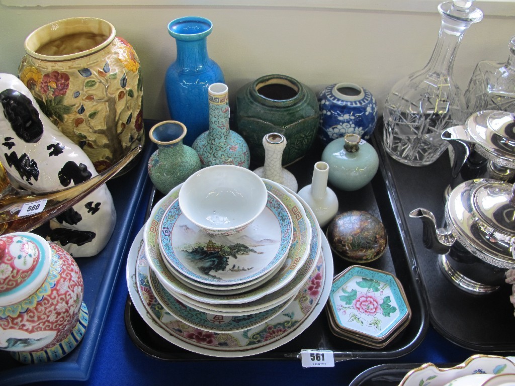 Appraisal: Tray of assorted oriental wares - vase enamel dishes bowls