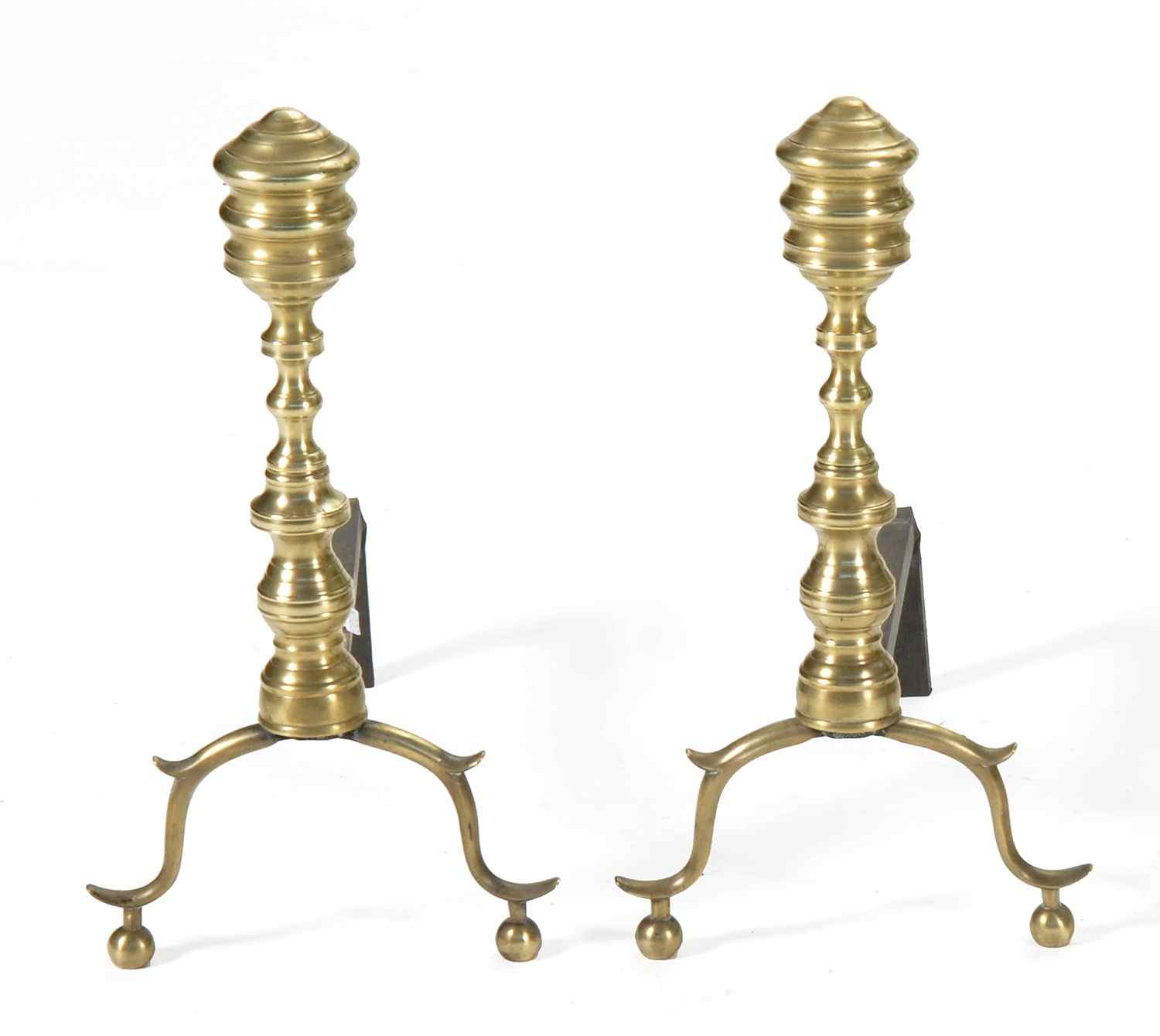 Appraisal: PAIR OF BRASS BALUSTER-TURNED ANDIRONSEarly th CenturyBall feet Height ''