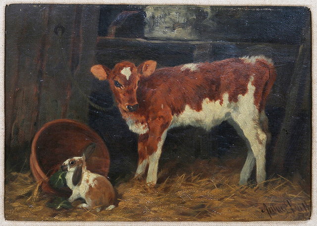 Appraisal: ARTHUR BATT - A tethered calf with rabbits in a