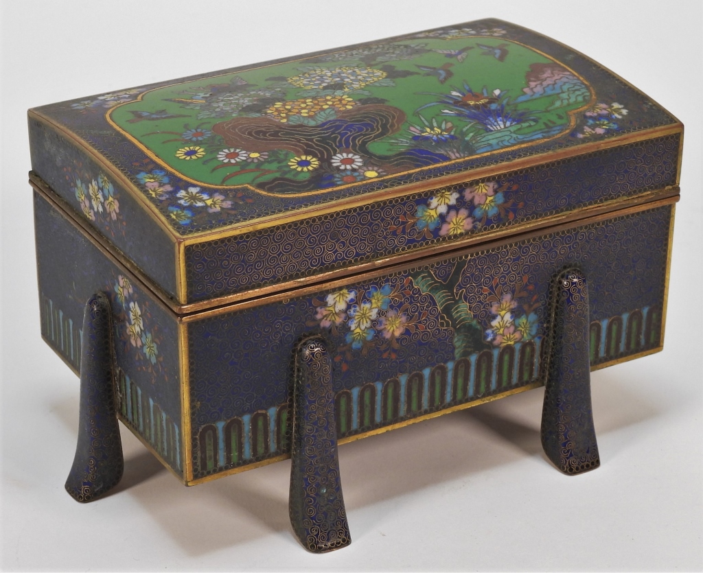 Appraisal: EXCEPTIONAL JAPANESE CLOISONNE FOOTED BOX Japan Early th CenturyPolychromatic avian