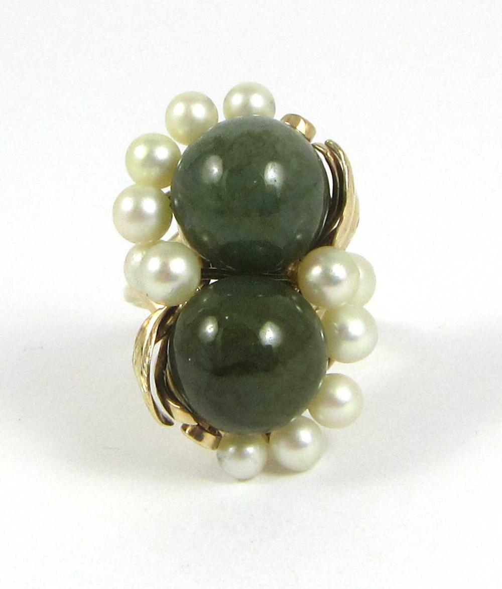 Appraisal: NEPHRITE JADE PEARL AND FOURTEEN KARAT GOLD RING The heavy