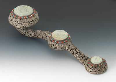 Appraisal: A Large Cast Metal and Hardstone Ruyi Scepter Relief cast