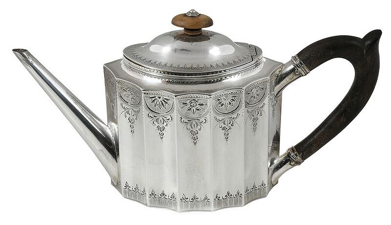 Appraisal: George III English Silver Teapot London fluted body wooden handles