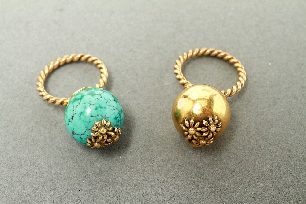 Appraisal: K Gold Turquoise Floral Sphere Ball Rings Two near matching