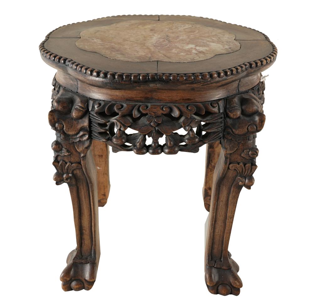 Appraisal: CHINESE CARVED HARDWOOD MARBLE TABORETCondition sun fading joint separation Provenance