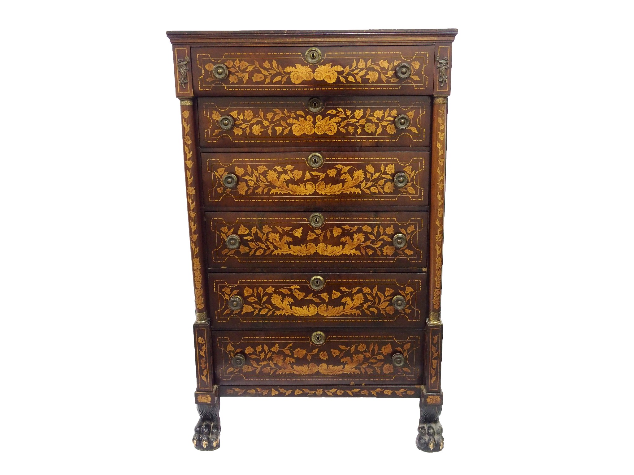 Appraisal: A Dutch mahogany marquetry chestwith six drawers flanked by tapering