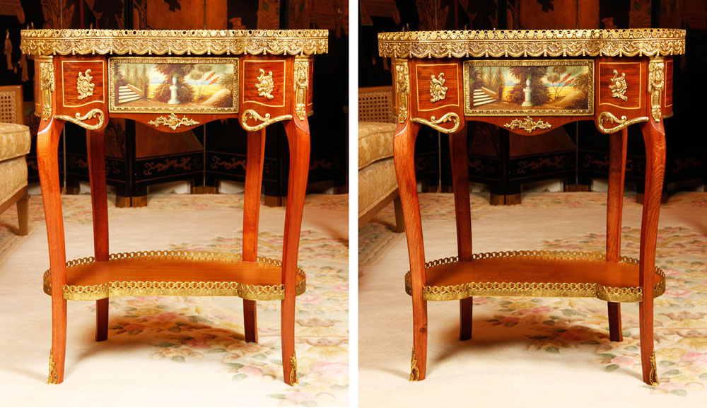 Appraisal: - Pair of Louis XV XVI Marble Top Side Tables