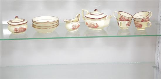 Appraisal: SEVEN PIECE CHILD'S TEA SET Creamware set with maroon transfer