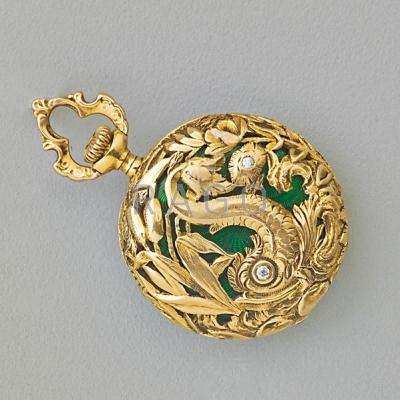 Appraisal: TIFFANY CO K GOLD AND ENAMEL ROCOCO WATCH Three-bodied water-flower