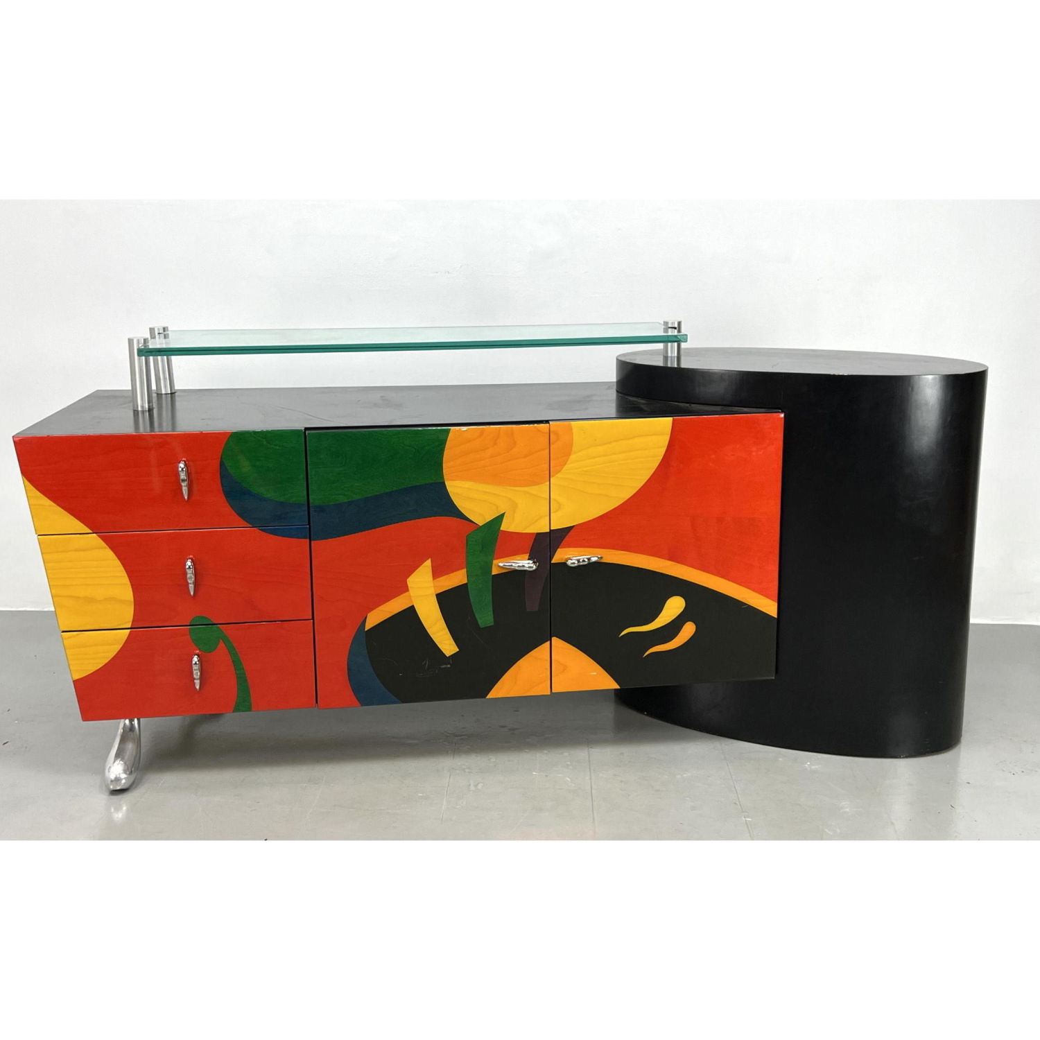 Appraisal: Colorful Lacquered Modern Credenza Upper Glass Shelf on Ebonized Cabinet