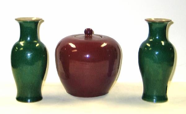 Appraisal: Three monochrome glazed ceramics Including a flamb glazed apple shaped