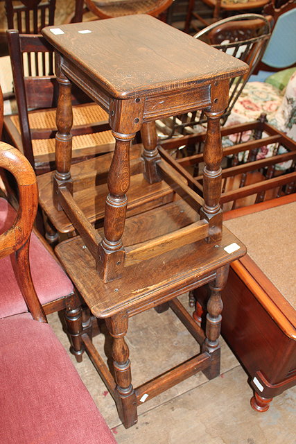 Appraisal: A MATCHED SET OF THREE OAK RECTANGULAR JOINT STOOLS turned