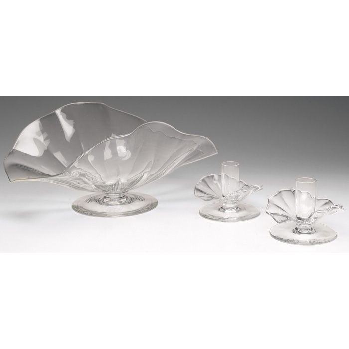 Appraisal: Steuben bowl and candlesticks unusual forms in clear glass all