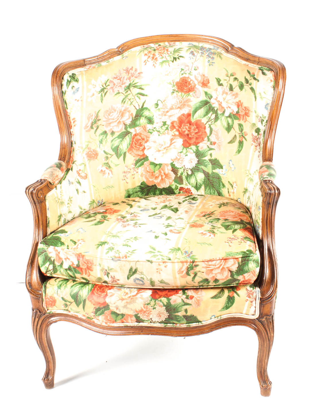 Appraisal: Louis XV style beechwood bergere en cabriole th century floral