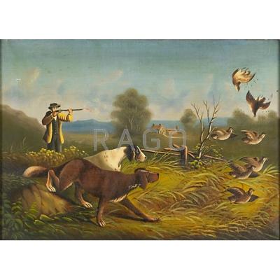 Appraisal: ENGLISH HUNTING SCENE Oil on canvas of a pheasant shoot