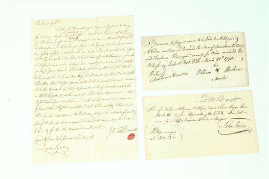 Appraisal: THREE COLONIAL AMERICAN MANUSCRIPTS Includes a one-page Richmond Virginia deposition