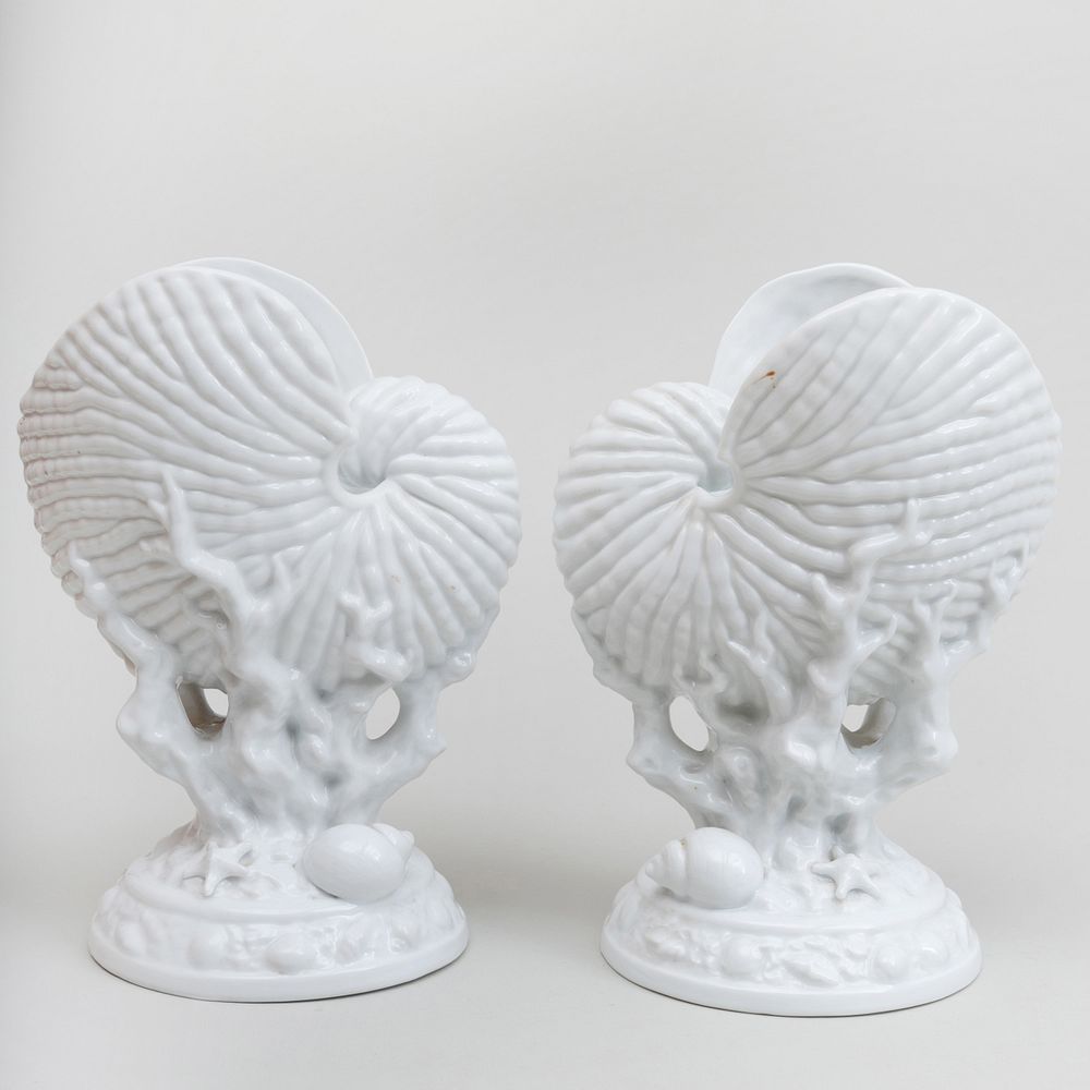 Appraisal: Pair of White Glazed Porcelain Shell Form Compotes of Recent