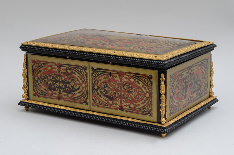 Appraisal: NAPOLEON III ORMOLU-MOUNTED BOULLE MARQUETRY AND EBONY CASKET Marked 'Tahan