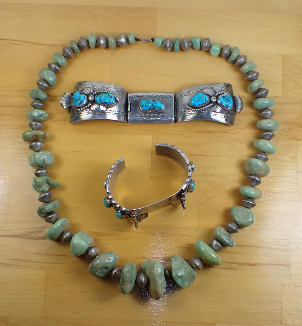 Appraisal: THREE ARTICLES OF SILVER NATIVE AMERICAN JEWELRY including a two-piece