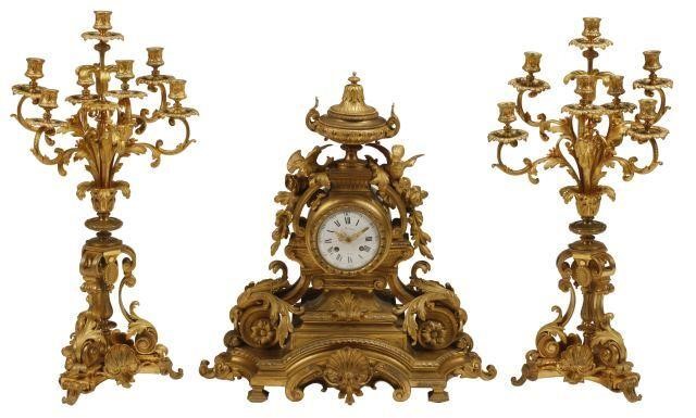 Appraisal: lot of French bronze dore mantel clock and garnitures including