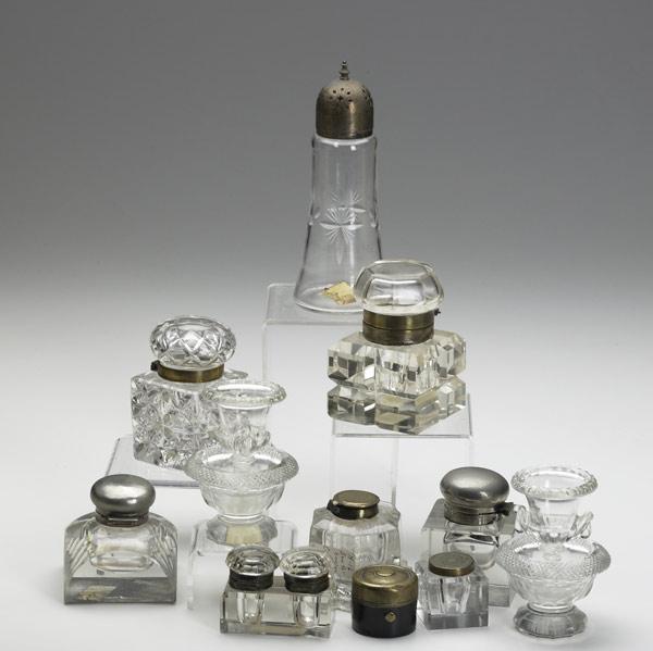 Appraisal: ASSORTED GLASS ACCESSORIES Thirteen pieces include eight inkwells four salts