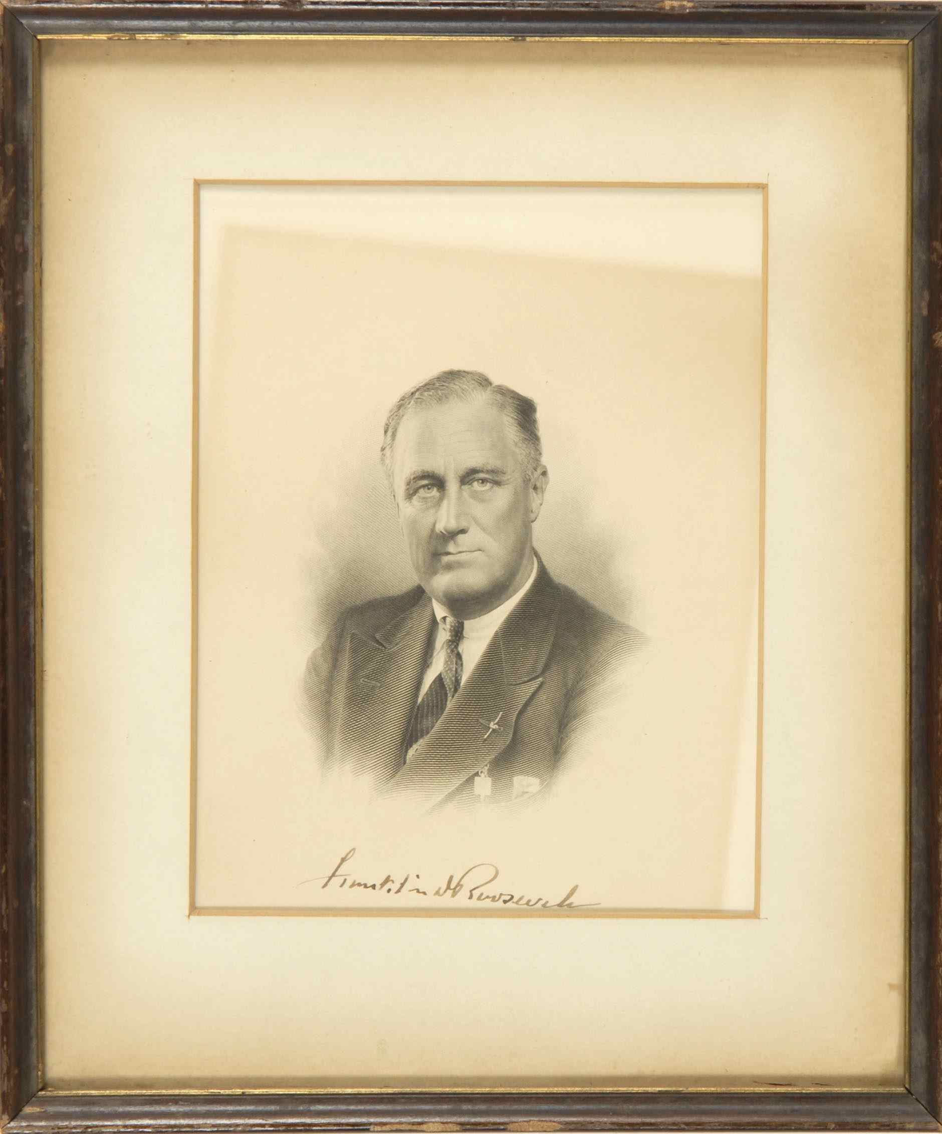 Appraisal: FRAMED SIGNED ENGRAVING FRANKLIN DELANO ROOSEVELTBust portrait of Roosevelt with