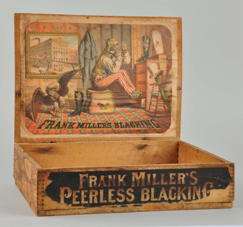 Appraisal: Miller's Blacking Box With Uncle Sam This wooden Frank Miller's