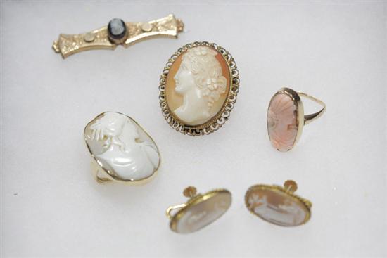 Appraisal: FIVE PIECES CAMEO JEWELRY Large carved shell ring marked ''