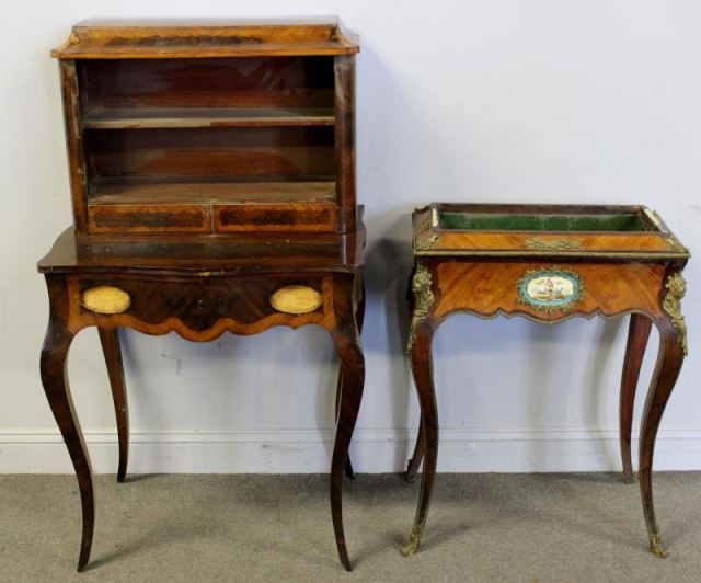 Appraisal: Antique French Ladies Desk and Ormalou MountedPlanter Lot Includes an