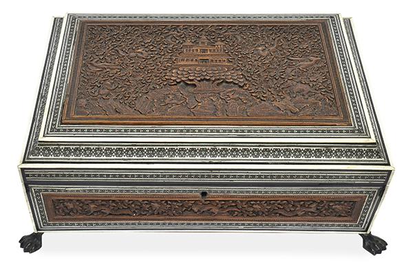 Appraisal: AN ANGLO INDIAN SANDALWOOD AND SADELI MOSAIC SEWING BOX MID