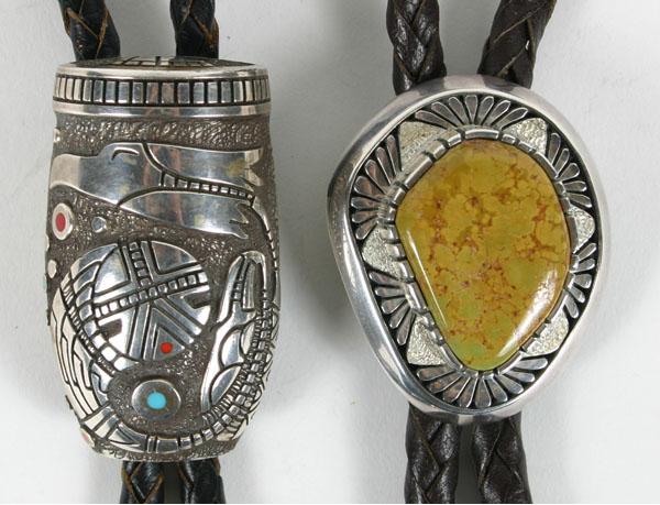 Appraisal: Two Native American sterling bolo ties one by Navajo artist