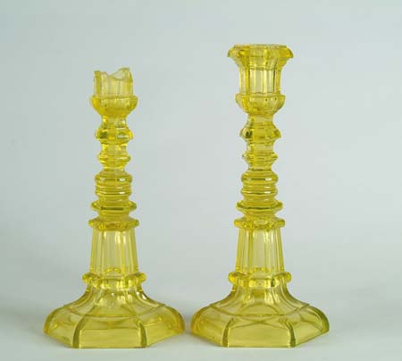 Appraisal: PAIR TALL CANARY HEXAGONAL CANDLESTICKS Circa - This pair was