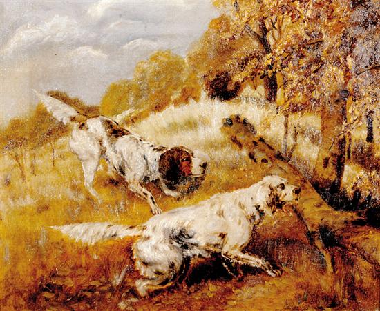 Appraisal: American early th century BIRD DOGS IN LANDSCAPE oil on