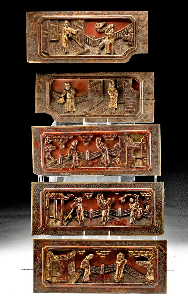 Appraisal: Five th C Chinese Wood Furniture Panels - Courtship East