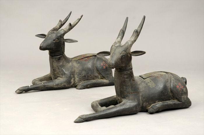 Appraisal: Pair of Asian Polychrome Carved Wood Stag Figures to x