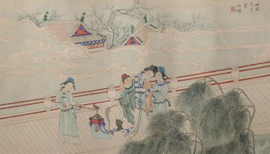 Appraisal: CHINESE SCHOOL th century Three court ladies on the bridge