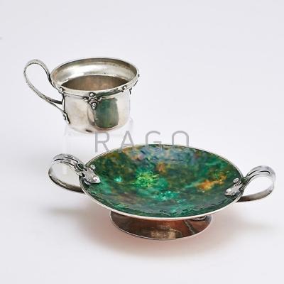 Appraisal: ARTS AND CRAFTS SILVER ca Silver mounted and enameled copper