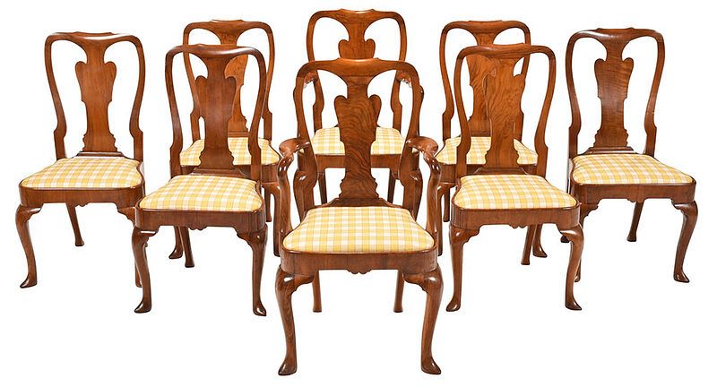 Appraisal: Eight Queen Anne Style Walnut Dining Chairs British or Continental