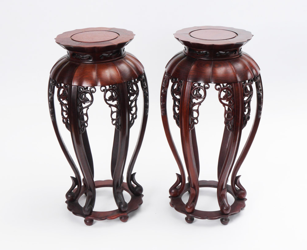 Appraisal: PAIR CHINESE CARVED WOOD JARDINIERE STANDS Shaped top flared body