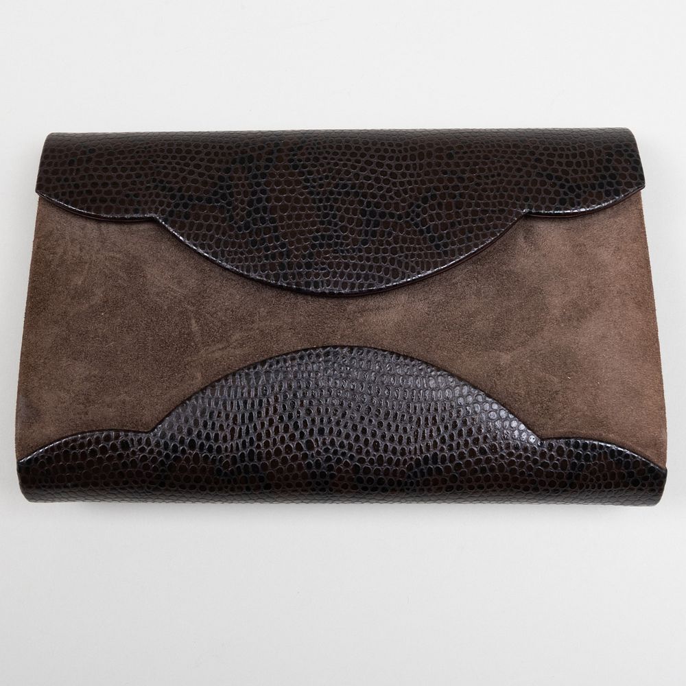 Appraisal: Yves Saint Laurent Brown Suede and Textured Leather Clutch Gilt