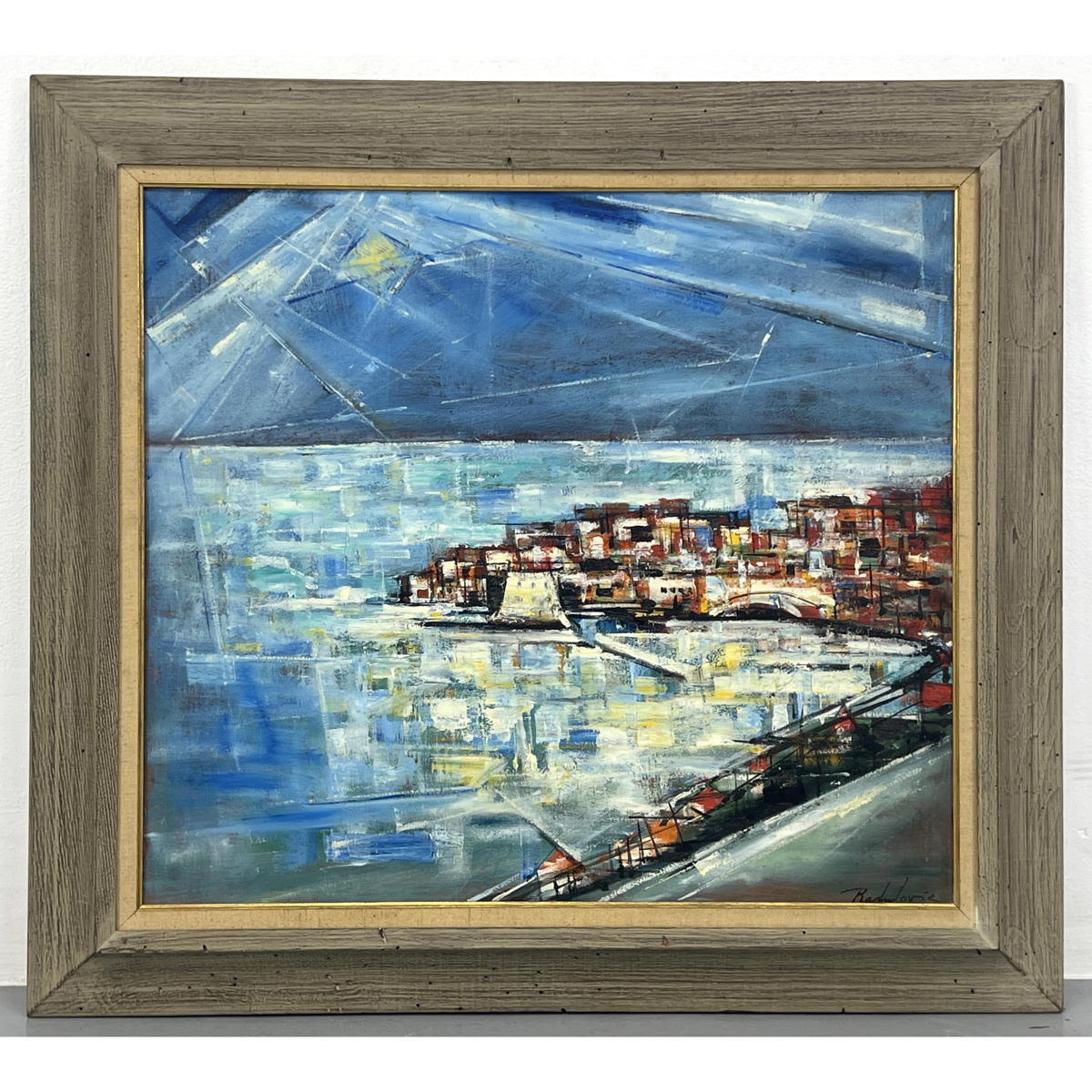 Appraisal: SAVO RADULOVIC Modernist Painting Seaport Village Signed on Canvas Dimensions