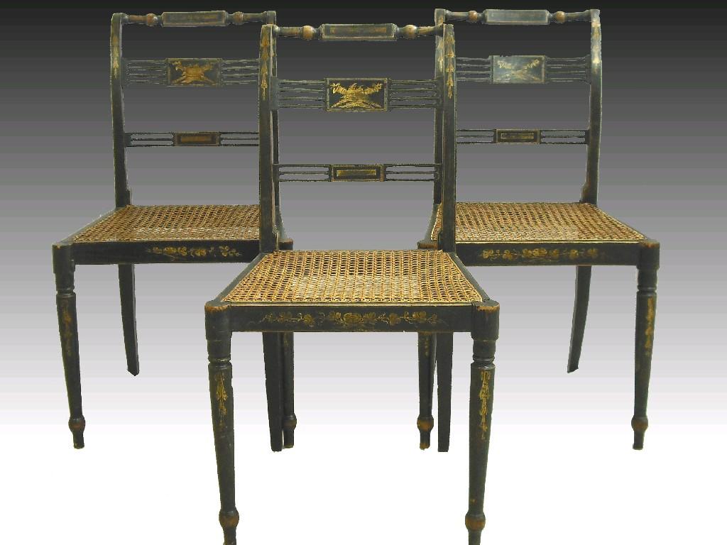 Appraisal: Set of three Regency dark green and gilt painted side